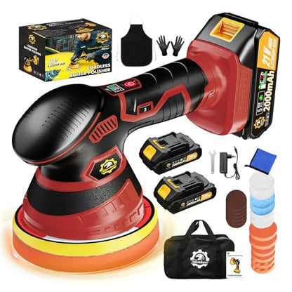 Cordless Car Buffer Polisher kit, DA Polisher with 2*21V Batteries - color: Red