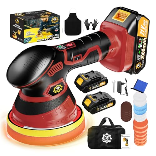Cordless Car Buffer Polisher kit, DA Polisher with 2*21V Batteries - color: Red