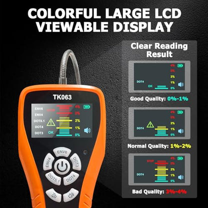 Brake Fluid Tester for DOT3 DOT4 DOT5.1 EVN4 EVN6, High-Sensitivity Digital Brake Oil Moisture Tester with LCD Display, Built-in Calibration, Corrosion Resistance Probe, Buzzer Alarm