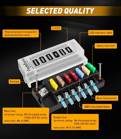 6 Circuits Waterproof Marine Fuse Panel, ATO Blade Fuse Block with LED Indicator 12V 24V Golf Cart Fuse Box 12 Volt Marine Fuse Block with Protection Cover for Car Automotive Boat RV Truck - color: 6 Way Fuse Block - Single Side