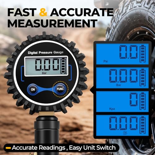 Auto Dynasty Digital Tire Inflator with Pressure Gauge, 200 PSI Air Chuck and Air Compressor Attachments, Heavy Duty Compressor Accessories with Rubber Hose and Quick Connect Coupler