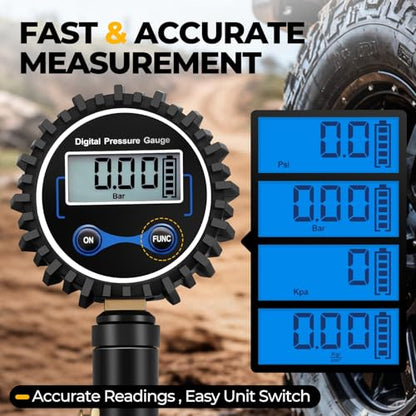Auto Dynasty Digital Tire Inflator with Pressure Gauge, 200 PSI Air Chuck and Air Compressor Attachments, Heavy Duty Compressor Accessories with Rubber Hose and Quick Connect Coupler