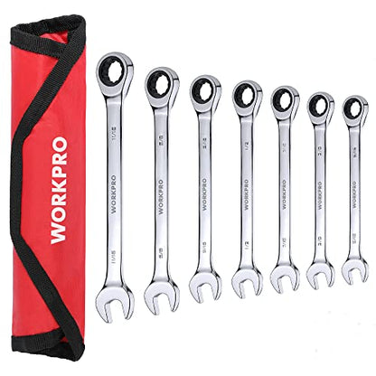 WORKPRO 7-Piece Ratcheting Combination Wrench Set, SAE 5/16"-11/16" - size: SAE