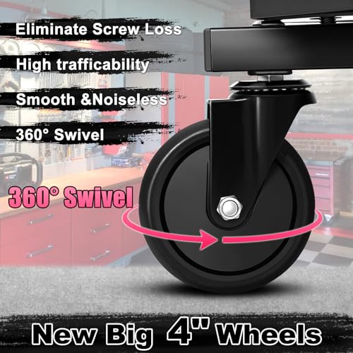 Rolling Stool with Wheels, Adjustable Height Pneumatic Garage Work Mechanic Stool Seat with Backrest, 400 LBS Capacity 360° Swivel Mechanic Crepper Chair with Tool Tray Storage, Pink - color: Pink