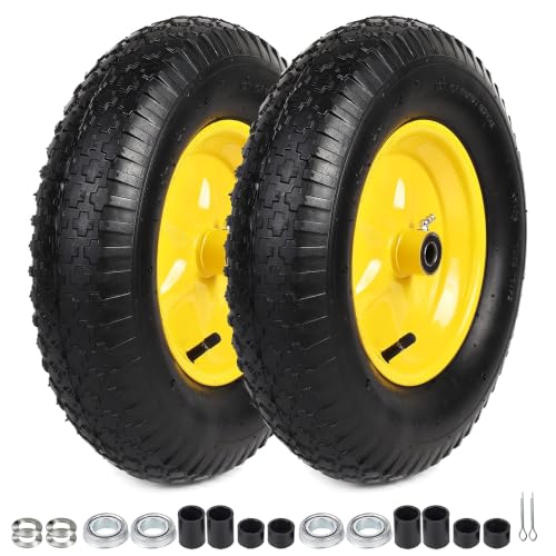 AR-PRO (2-PACK) 4.80/4.00-8" Tire and Wheel, 16" Pneumatic Tire Wheels with 3/4" Bearings and 3" Centered Hub for Wheelbarrow, Hand Truck, Garden Carts, Yard Wagon Dump Cart (Extra 5/8" Bearings) - color: Yellow, size: 4.80/4.00-8"