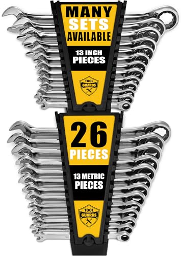 Ratcheting Wrench - Slim Profile - Ratchet Wrench, 26 Pieces Metric & Standard Wrench Set with Rack Organiser - size: 26 PIECE WITH RACK METRIC AND INCH