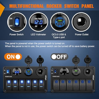 Nilight 6 Gang Rocker Switch Panel Toggle Power Control 12V 24V Pre-Wired - color: Power Control Blue