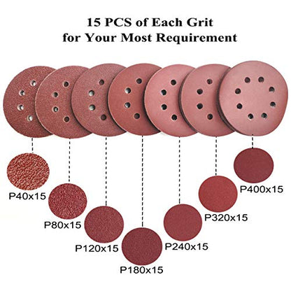 5-Inch 8-Hole Hook & Loop Sanding Discs 40-400 Mixed Grits, 105-Pack - style: 40-400 Grit,105-Pack