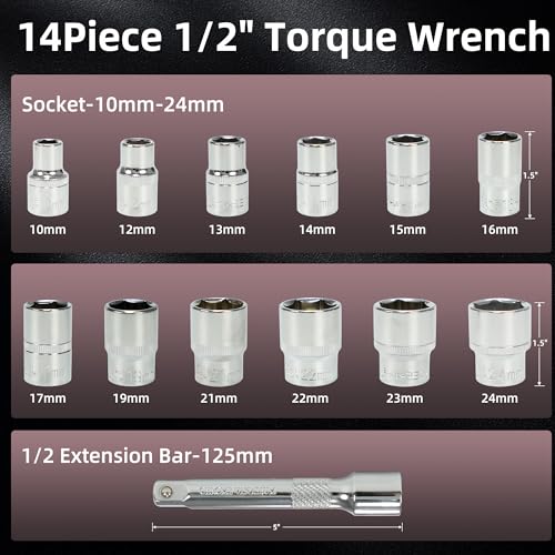 14Pcs 1/2-Inch Drive Click Torque Wrench Set 10-170 ft.lb/13.6-230.5 Nm, Dual-Direction Adjustable 72-Tooth Torque Wrench for Moto and Car Maintenance - size: 1/2" Torque Wrench Set(10-170 ft.lb/13.6-230.5 Nm)