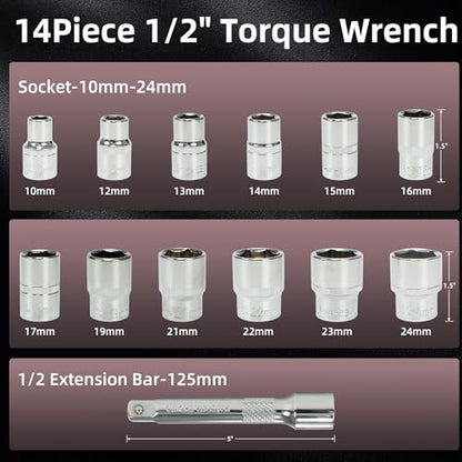 14Pcs 1/2-Inch Drive Click Torque Wrench Set 10-170 ft.lb/13.6-230.5 Nm, Dual-Direction Adjustable 72-Tooth Torque Wrench for Moto and Car Maintenance - size: 1/2" Torque Wrench Set(10-170 ft.lb/13.6-230.5 Nm)