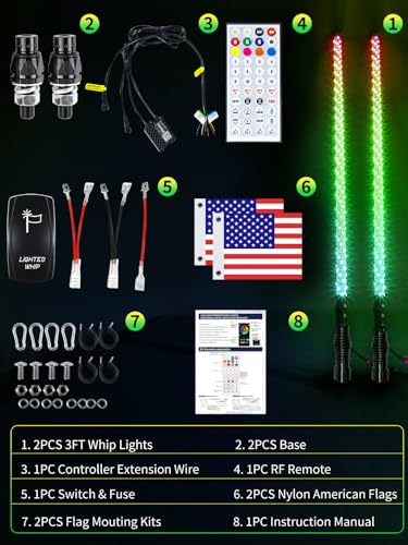 2 Pack 3FT Whip Lights with Spring Base, LED Whip Light with App & Remote Control, Spiral RGB Chasing Lighted Whips with Rocker Switch, Music Whip Light for UTV ATV - size: 3FT (2 Pack)