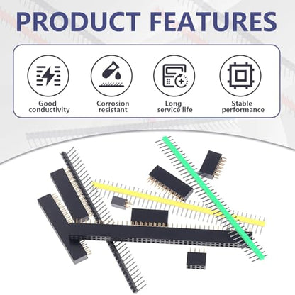 Header Pins Assortment Kit Female and Male Pin Headers Connector 2.54MM Right Angle Straight Breakaway Header Pin Connectors for PCB Board