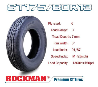 ROCKMAN Trailer Tire Wheel ST175/80R13 6-Ply C 91M 5X4.5" Black Mod Rim,Pk2 - size: ST175/80R13 6PR /5x4.5
