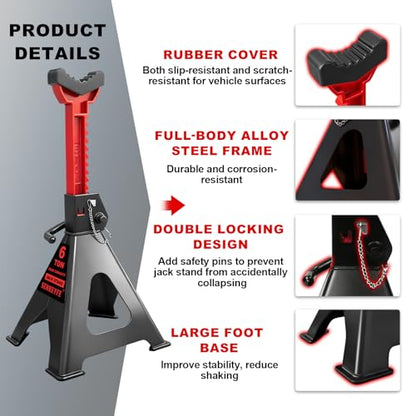 6 Ton (13,200 LBs) Jack Stands with Double Pin Locking,Rubber Cover and Large Foot Base,15"-23" Adjustable Height,Heavy Duty Car Jack Stands,Lifting Bus,RV,SUV,MPV,Pickup Truck,ATV/UTV,1 Pair - color: red-standard, size: 6ton Load Capacity