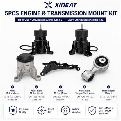 Engine Motor Mount kit 5pcs Compatible with 2007-2012 Nissan Altima 3.5L 2009-2014 Nissan Maxima 3.5L Automatic CVT Trans Replacement A4355HY A7361 A4365HY A7363 A7363 112209n00A 113509N00A XINEAT - size: 2007-2012 Nissan Altima 3.5L