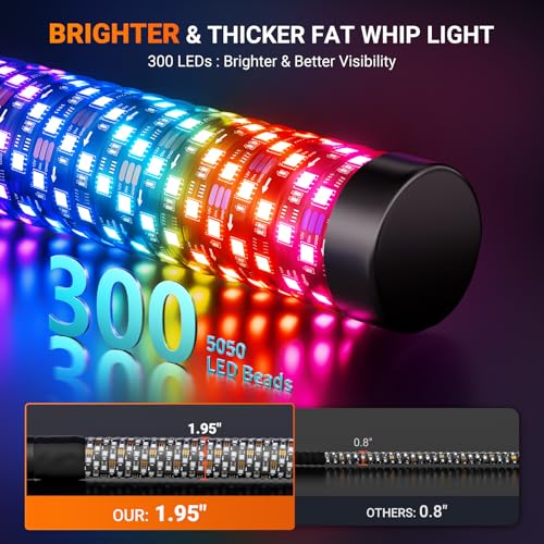 Ehaho 2PCS 1FT Fat Whip Lights for UTV ATV, Led Fatty Whip Light W/Rocker Switch & 6 Flags, Brighter Spiral Chasing Lighted Antenna Whip with APP & Remote Control for RZR SXS Can-Am - size: 1FT-2PCS