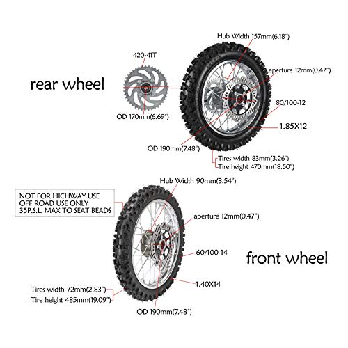 TDPRO Front 60/100-14 & Rear 80/100-12 Wheel Rim With 12mm Bearing & Front Rear Hydraulic Master Cylinder & Sprocket and Brake Disc Rotor Assembly for Dirt Pit Bike