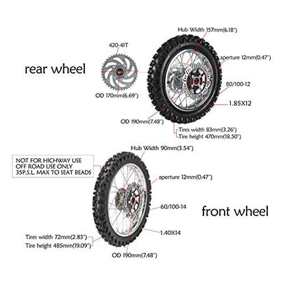 TDPRO 60/100-14(2.50-14) Front & 80/100-12(3.00-12) Rear Wheel Tire Rim With 12mm Bearing & Sprocket and Brake Disc Rotor Assembly for Dirt Pit Bike