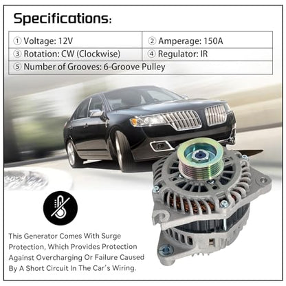 11273 Alternator 12V 150A Compatible with Ford & Lincoln & Mercury - size: Ford/Lincoln/Mercury Sable
