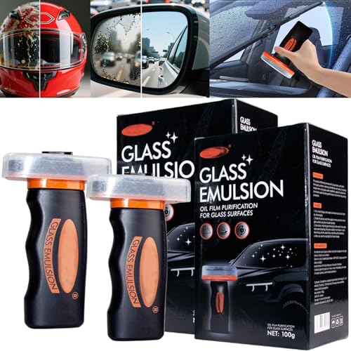 【2PCS】 Glass Emulsion Cleaner, Car Windshield Cleaner Tool Roll-On Glass Compound with Cleaning Board, Removes Oil Film & Smudges, Improve Windshield Clarity for Safe Driving (100ml+Brush)*2 - color: 2 Pack: Glass Emulsion Cleaner (100ml+Brush)