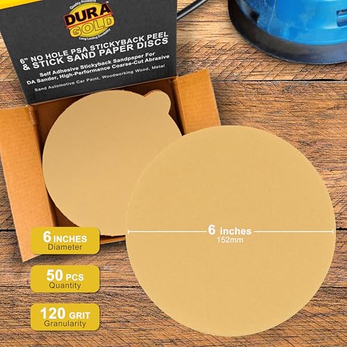 Dura-Gold Premium 6" Gold PSA Sanding Discs - 120 Grit, Box of 50 - Self - size: 120-Grit