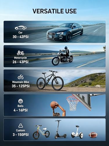 Tire Inflator Portable Air Compressor Cordless Mini Bike Pump with Digital Display, 150 PSI Car Tires Air Pump with Pressure Gauge, LED Lights & Pressure Gauge for Car, Motorcycle, Bike, Balls