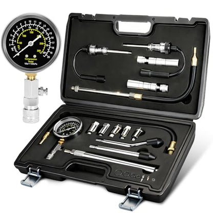 BETOOLL 15pcs Compression Tester with Spark Plug Tester & 14mm&16mm Magnetic Swivel Spark Plug Socket - 300PSI Engine Cylinder Compression Gauge Automotive Tool - size: Senior