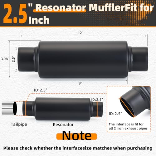 A-KARCK 2.5" Inlet Exhaust Resonator, 2.5" Inlet 2.5" Outlet 12" Overall Length Muffler Resonator Stainless Steel,Polished(Black) - color: Black, size: 2.5" Inlet 12" Overall Length