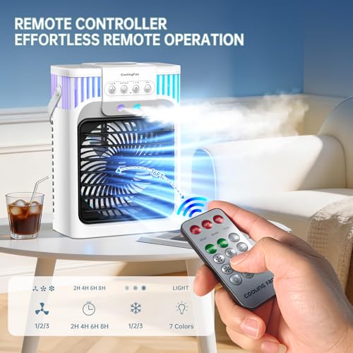 Portable Air Conditioners, 4 in 1 Cooling Fan with 3 Speeds & 3 Mist Modes,1200ml Water Tank, 2-8H Timer, Remote Control, 7 Color Night Light, Quiet Small Air Cooler for Bedrooms Office Car