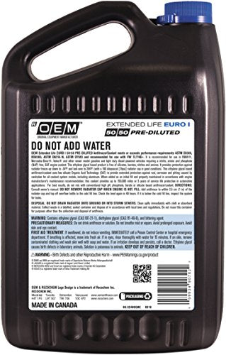 Recochem OEM European Vehicles Premium Antifreeze 50/50 Extended Life Coolant - Euro I Blue 1 Gallon, 1 Pack - color: Blue, style: 50/50 pre-mix