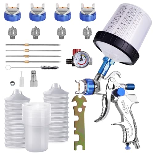 HVLP Paint Gun w/20pcs 600ml Disposable Paint Cups & 4 Nozzles,Adapter - color: Blue