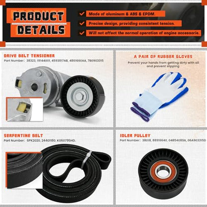 38323 Serpentine Belt Drive Tensioner Idler Pulley Kit Fit for Dodge Ram 1500 2500 3500 2009-2010, Fit for Ram 1500 2500 3500 2011-2018 V8 5.7L Replace 4861660AA 38018 6PK2020 - size: 90K-38323