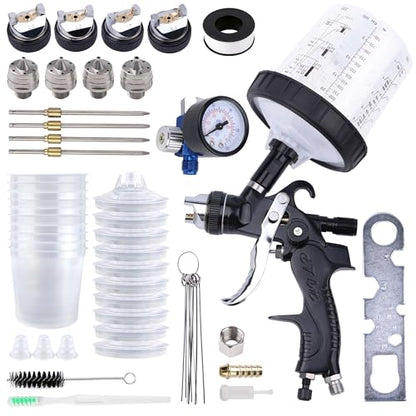 HVLP Spray Gun Kit, 4 Nozzles,10 Disposable Paint Cup System,Black - color: black