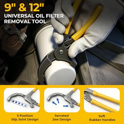 KELIN Oil Filter Wrench Set 8PCS, 9"&12" Oil Filter Pliers | 4 Swivel Band Wrenches (2-3/4" to 5-1/4") | 3-Jaw Universal Adapter for 3/8" 1/2" Ratchet, Oil Filter Removal Tool for Car Truck SUV ATV