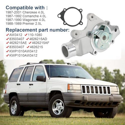 Water Pump Kit Compatible with 1987-2000Cherokee 2001Cherokee 1987-1992Comanche 1988-1990Wagoneer Replace#AW3412 110-1080 4626215AD 4626215AE 4626215AF