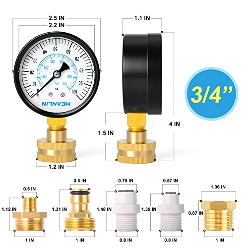 MEANLIN MEASURE 0~100Psi 3/4" Female Water Pressure Kit Plus 5 adapters, 2.5" FACE DIAL Multi-Purpose Pressure Gauge Kit, Hydraulic Tester,Suitable for Gardens, Water Pipes, etc - color: Black, size: 0-100Psi (With Fittings)