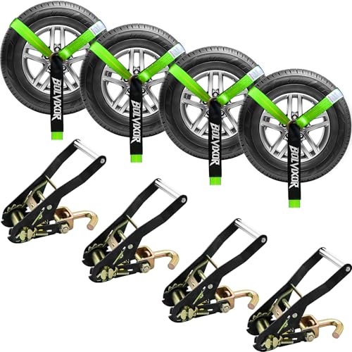 Car Tie Down Straps, 4 Pack, 2" x 96", 9900 LBS, Heavy Duty J Finger Hooks - color: Green