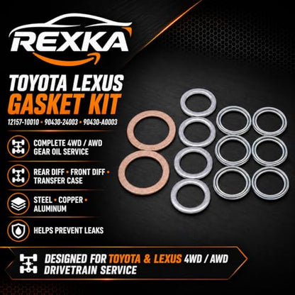 Rexka 12pcs Transfer & Differential Service Gasket Kit Compatible with Toyota Lexus 4Runner Land Cruiser Tundra Tacoma FJ Cruiser Highlander RAV4 Sequoia Sienna 1215710010 9043024003 90430A0003 - color: 12pcs