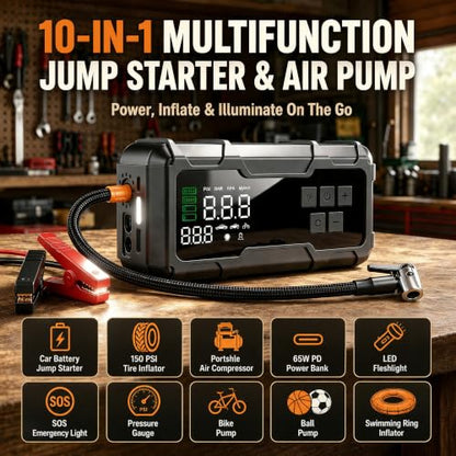 9000A Car Jump Starter with Air Compressor, Portable Battery Booster Pack Tire Inflator, Power Bank Cars Owner SUVs Trucks Road Trips Gift