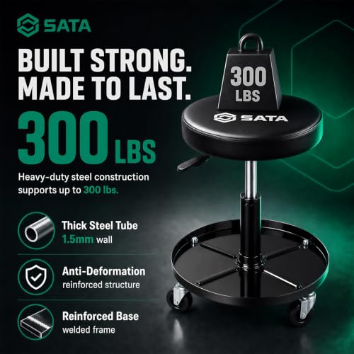 SATA Adjustable Rolling Shop Stool with Wheels, Heavy Duty 300 lbs Capacity Mechanics Chair, Rolling Garage Stool for Seated Work, 385mm Seat, 390mm Height