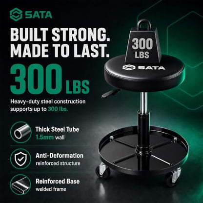 SATA Adjustable Rolling Shop Stool with Wheels, Heavy Duty 300 lbs Capacity Mechanics Chair, Rolling Garage Stool for Seated Work, 385mm Seat, 390mm Height