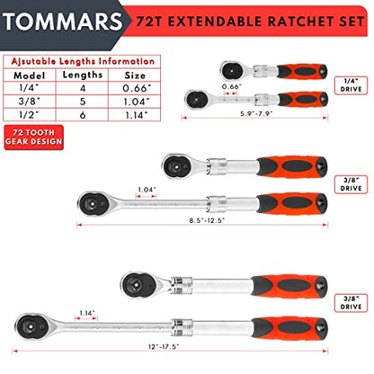 TOMMARS Extendable Ratchet Set 1/4", 3/8", 1/2" Socket Wrench Hand Tool Kit - size: 1/4", 3/8", 1/2" Drive, style: Extendable Ratchet Set