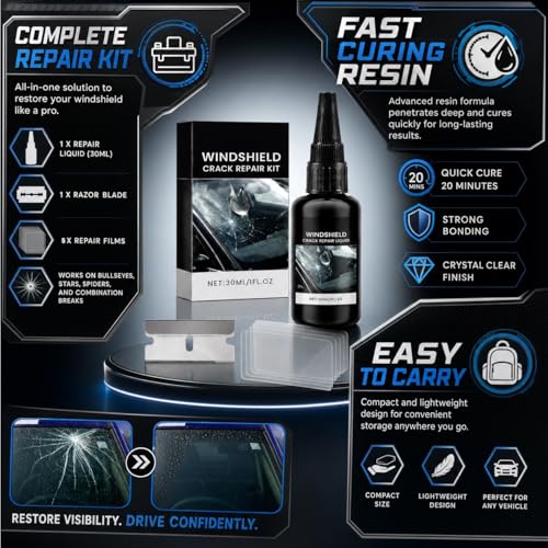 Windshield Crack Repair Kit with Advanced Resin Formula – Fast Cure DIY Automotive Glass Repair Solution for Chips and Cracks on Cars, Trucks and SUVs