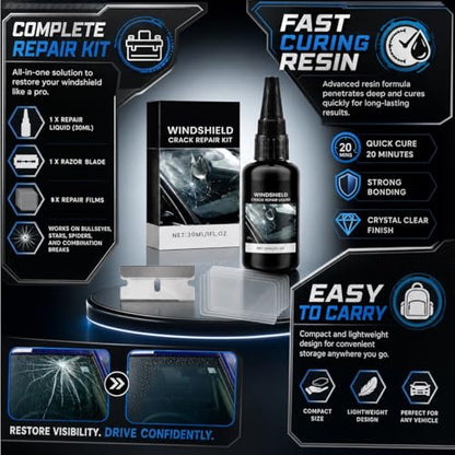 Windshield Crack Repair Kit with Advanced Resin Formula – Fast Cure DIY Automotive Glass Repair Solution for Chips and Cracks on Cars, Trucks and SUVs