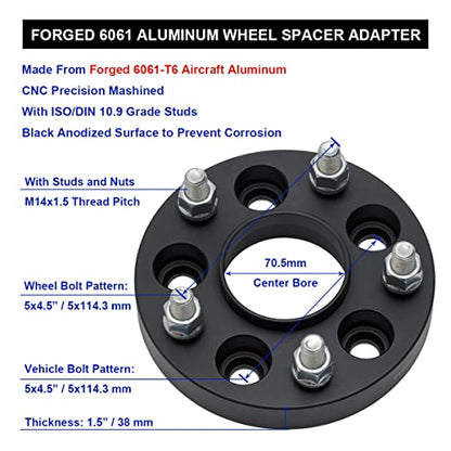 Black Forged 5x4.5 Hubcentric Wheel Spacers 1.5 Inch with 14x1.5 Studs 70.5mm Hub Bore, 5 Lug Wheel Spacer 5x114.3 Compatible with Mustang 2015-2024 | Explorer 2020-2024 - Pack of 2 - size: 1.5 Inch-Pack of 2