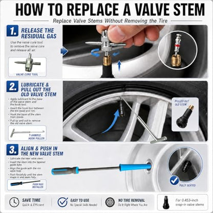 Valve Stem and Core Removal Replacement Tool Kit,Valve Stem Installation Tool Without Removing Tire,Snap Fix Mate Valve Stem with 5 TR413/TR414 for Cars Motorcycles Lawn Mowers ATVs