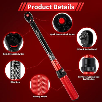 Hairich 3/8-Inch Torque Wrench, Dual-direction Torque Wrenches 10-100ft.lb/13.6-135.6Nm, 72-Tooth Dual Range Scales Torque Wrench with Quick Release Reversible Head - size: 3/8" 10-100 FT.LB