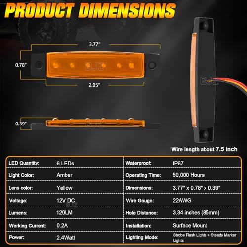 BJZ 3.8" Strobe+Steady Marker Lights Strip Dual Function Amber Trailer LED Side Clearance Tail Griller Flash Lights 12V Turn Signal Warning Waterproof Light for Trailer Truck Van RV ATV Bus, 10Pcs - color: Amber, 10Pcs