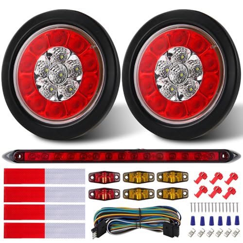 4 Inch Round Led Trailer Tail Lights Kit with 13.8" Led 3RD Brake Strip Bar