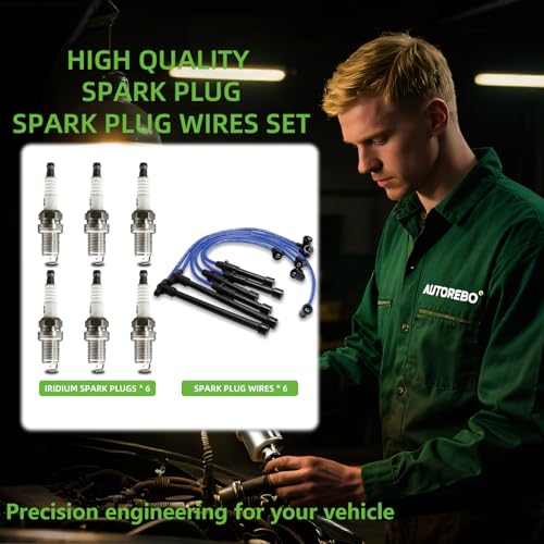 Set of 6 PCS Ignition Spark Plug Wires 671-6197 8113 RC-NX14 & 6 Iridium Spark Plugs Set Compatible with Nissan Frontier Xterra Pathfinder INFINITI QX4 3.3L V6# replace 22450-0W025 22440-9Z025 55301 - size: 8113